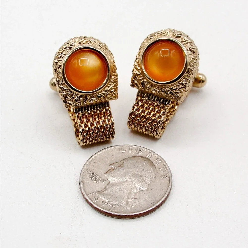 Vintage Swank Orange Moonglow Cabochon Gold Tone Mesh Wrap Around Cufflinks MCM